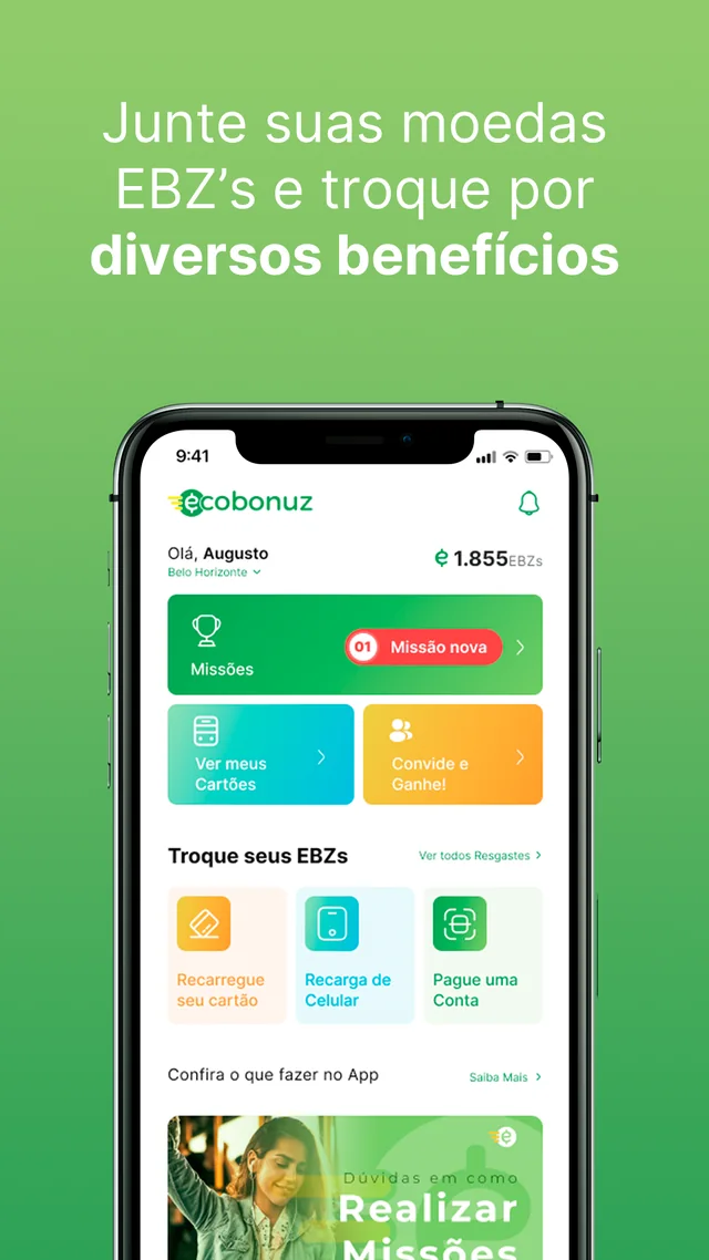 Tela inicial do aplicativo Ecobonuz, com saldo de moedas EBZ e opções de resgate